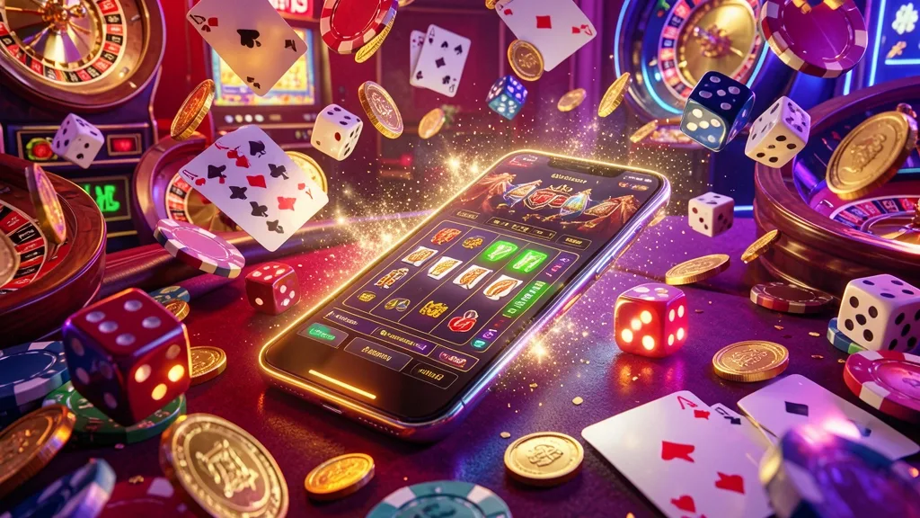 Glowing smartphone surrounded by casino chips, cards, dice, coins, and roulette