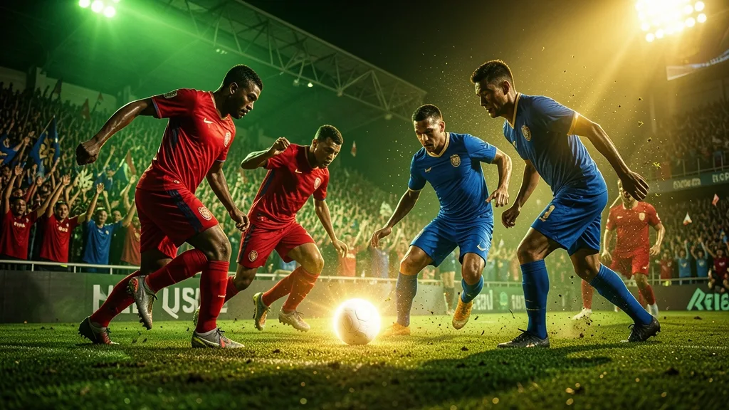 Football players in red and blue competing under stadium floodlights