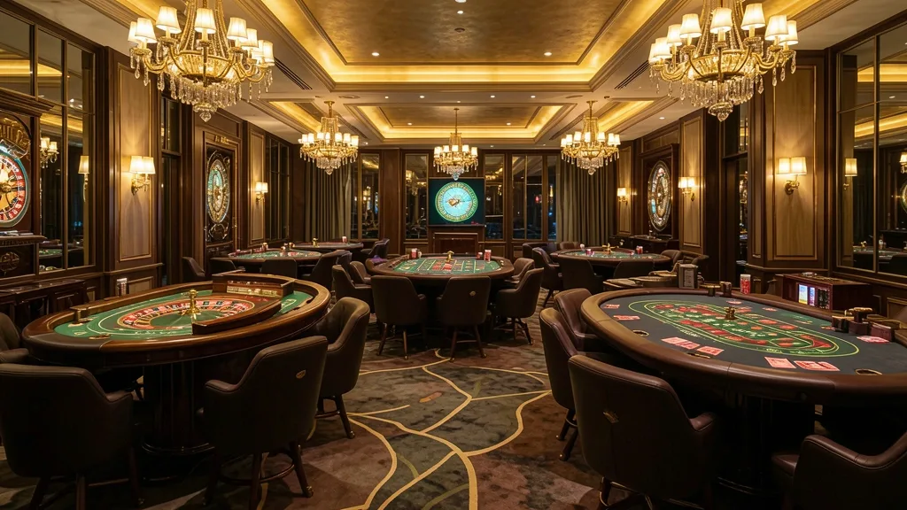 Luxury casino hall with glowing roulette and card tables