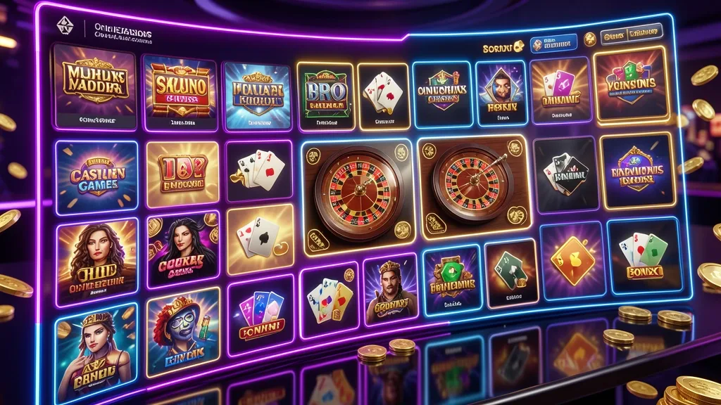 Digital casino games catalog displaying virtual tiles, slots, roulette, and poker