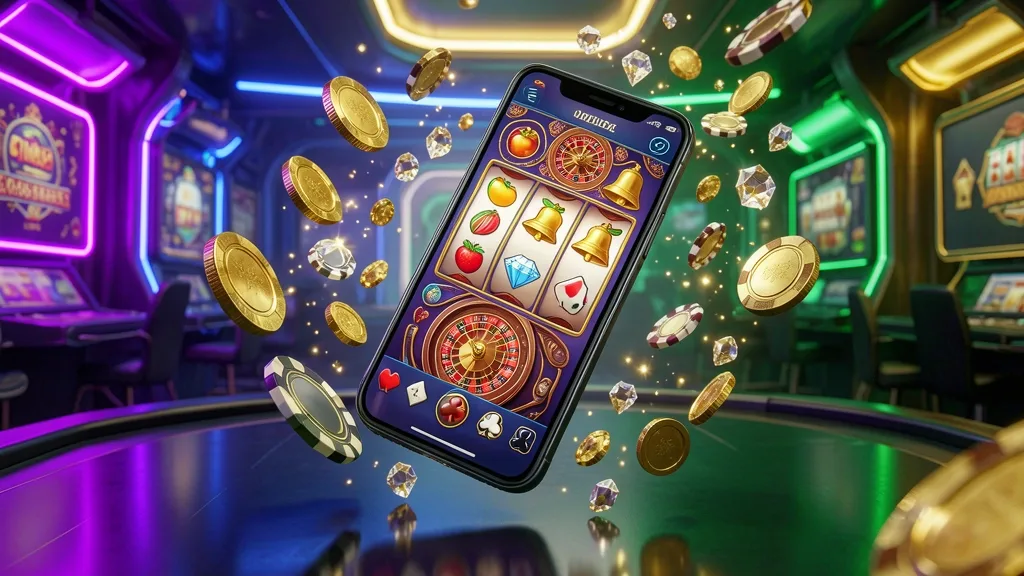 Smartphone displaying colorful casino games surrounded by coins and chips