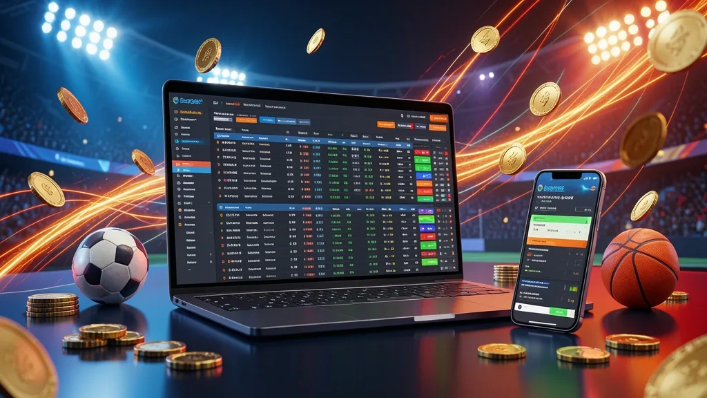 Laptop and smartphone showing sports betting interfaces for football, basketball, and tennis
