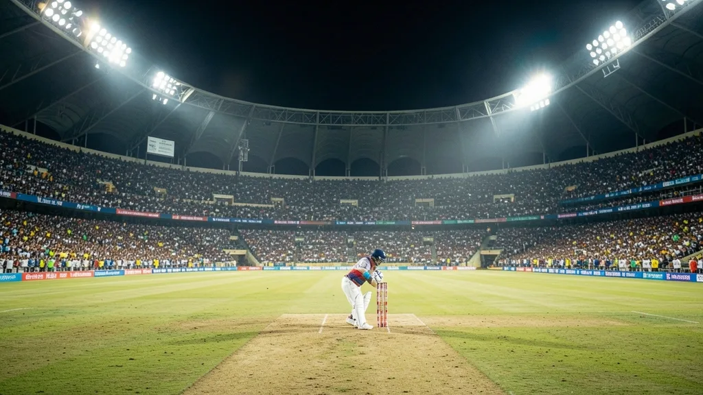 Cricket batsman ready at the crease in a floodlit stadium