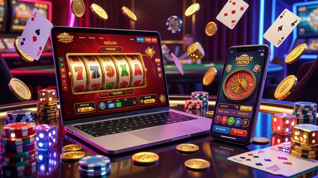 Laptop and smartphone displaying vibrant online casino games