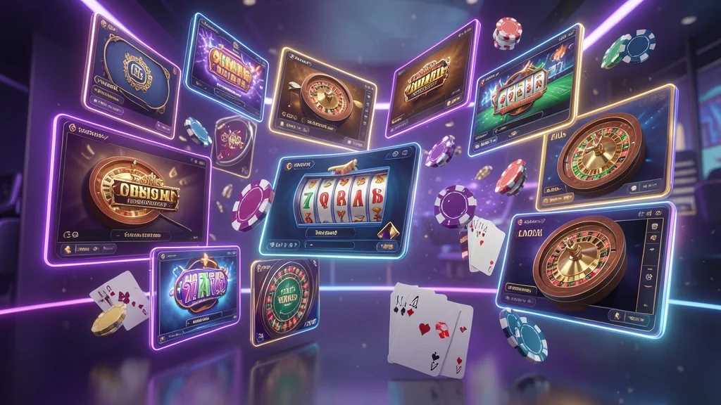 Floating online casino game windows with slots, roulette, poker, and cards
