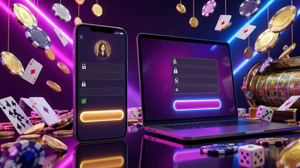 Smartphone and laptop showing casino login interfaces amid gambling elements