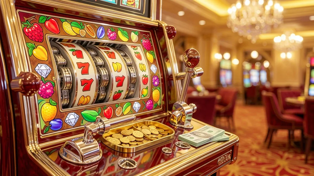 Luxury slot machine showing matching lucky sevens and overflowing coins