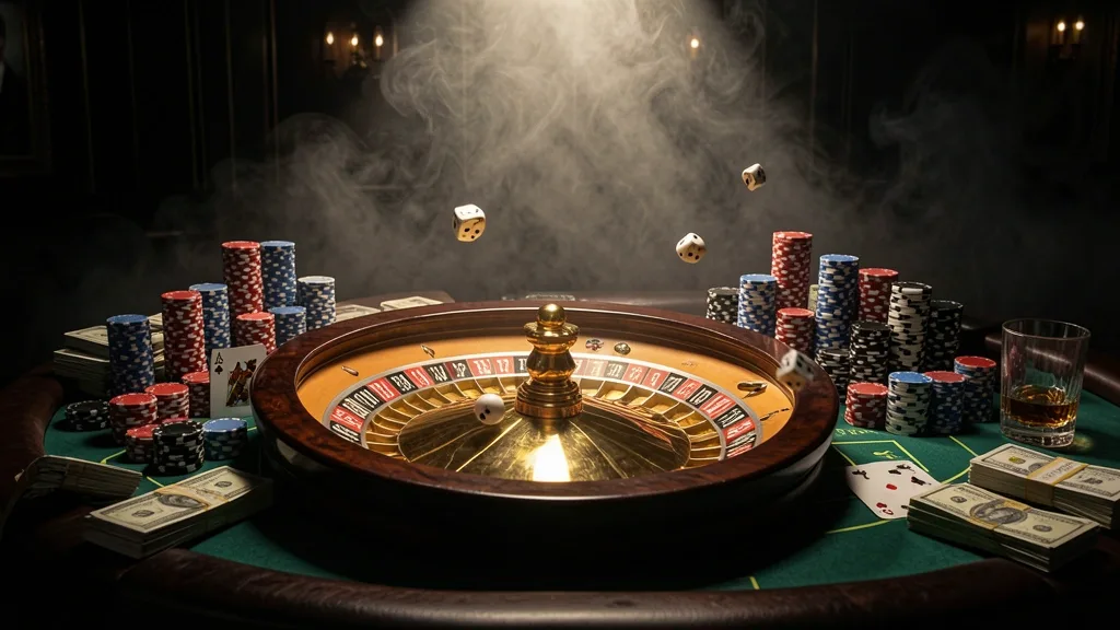 Roulette wheel spinning amid chips, cards, dice, cash, and whiskey