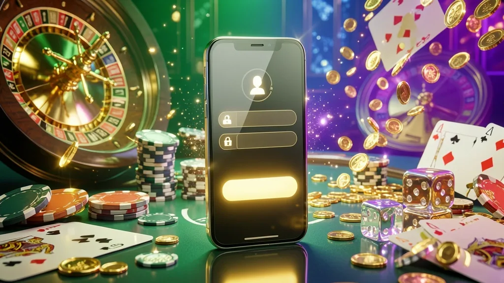 Smartphone displaying casino login interface surrounded by roulette, cards, dice, and coins