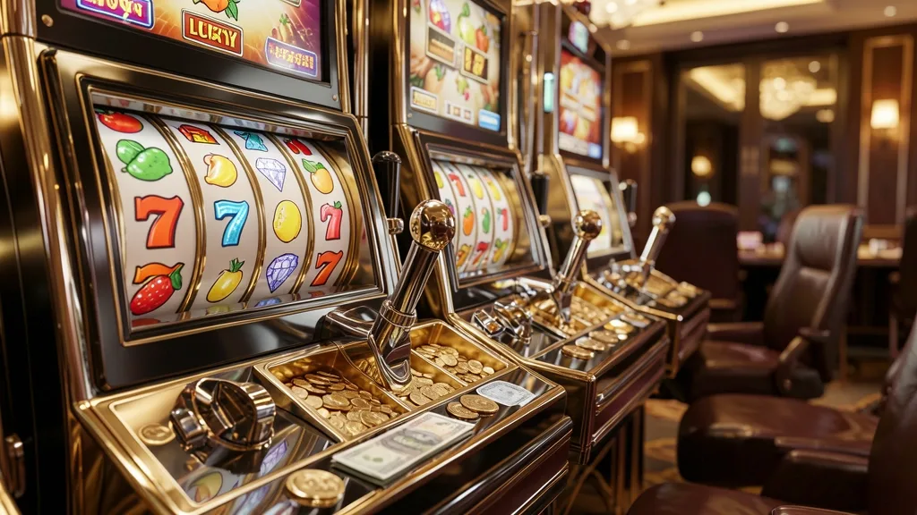 Modern luxury slot machines with fruit, diamonds, sevens, and coins